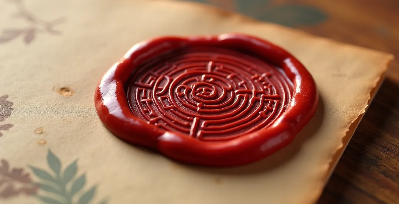 Vue macro d'un cachet de cire rouge avec motifs abstraits sur papier texturé